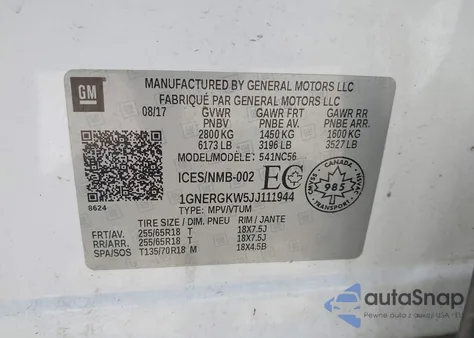 2018 Chevrolet Traverse 1Lt из США, поврежденный, VIN 1GNERGKW5JJ111944